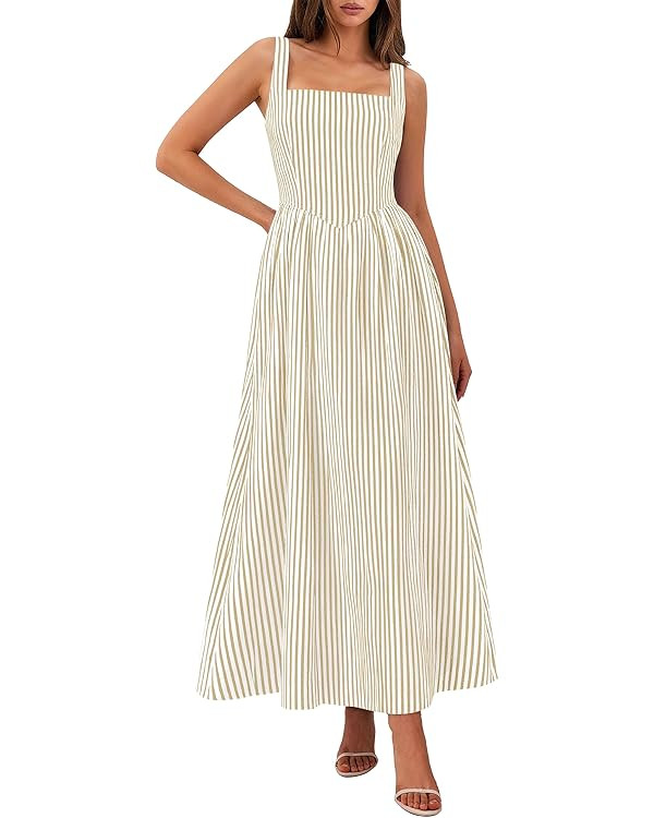 PRETTYGARDEN Women's Maxi Dress Summer Striped Sundress 2026 Spring Smocked A Line Long Flowy Bea... | Amazon (US)