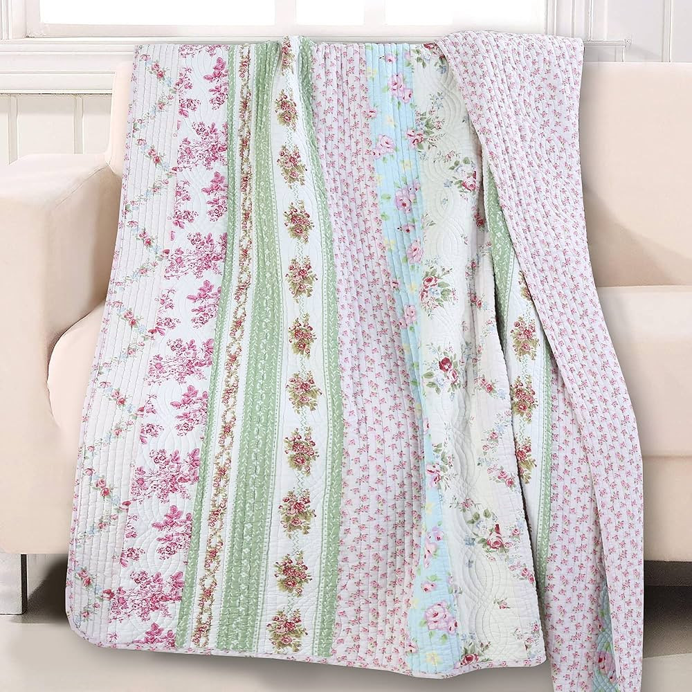 Cozy Line Home Fashions Floral Striped Floral Print Pattern Reversible 100% Cotton Quilted Throw ... | Amazon (US)