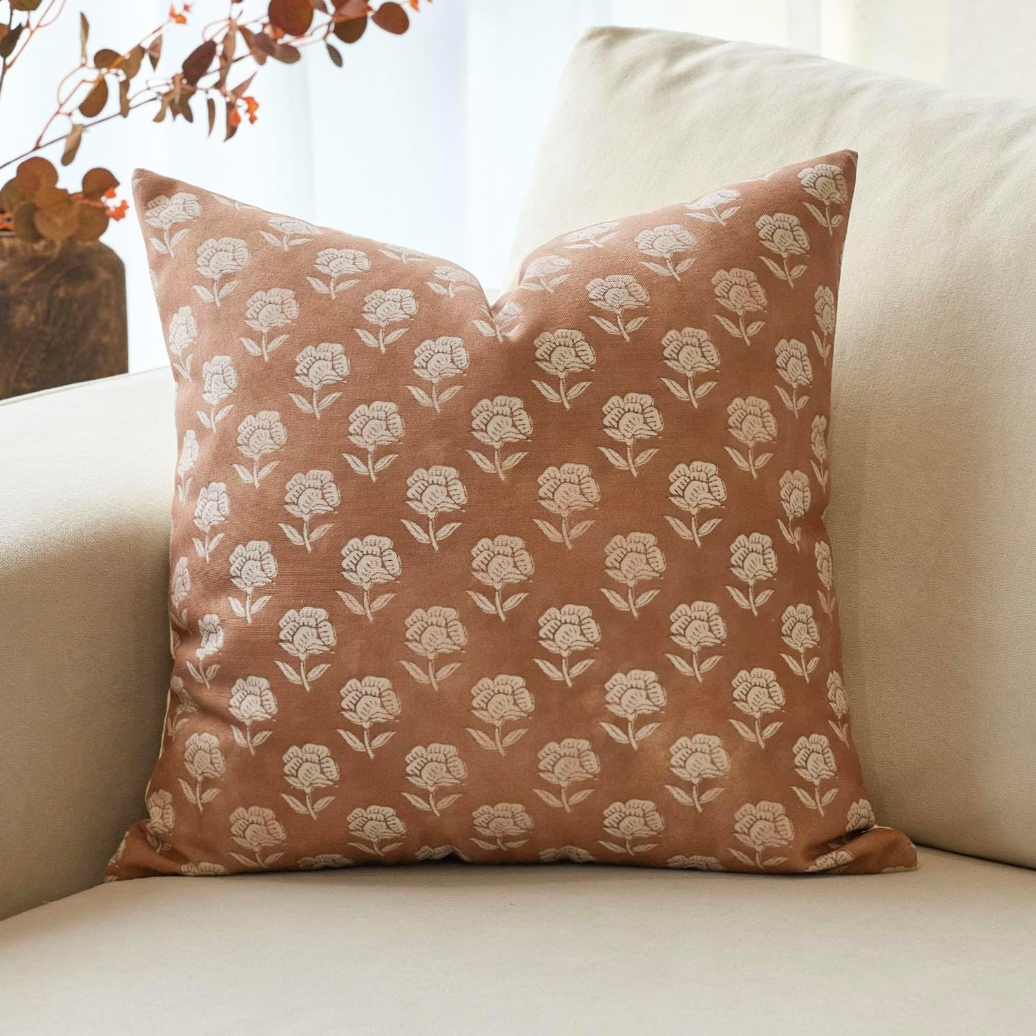Floral Pillow Covers 20x20 Throw Pillow Covers Decorative Block Floral Print Vintage Pillow Cover for Living Room Couch Bed, Brownish Orange, 1PC | Amazon (US)