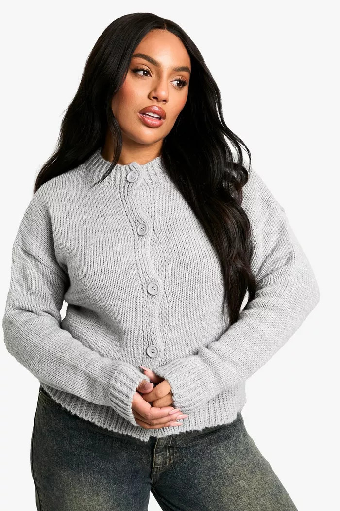 Plus Crew Neck Button Front Cardigan | Boohoo.com (UK & IE)