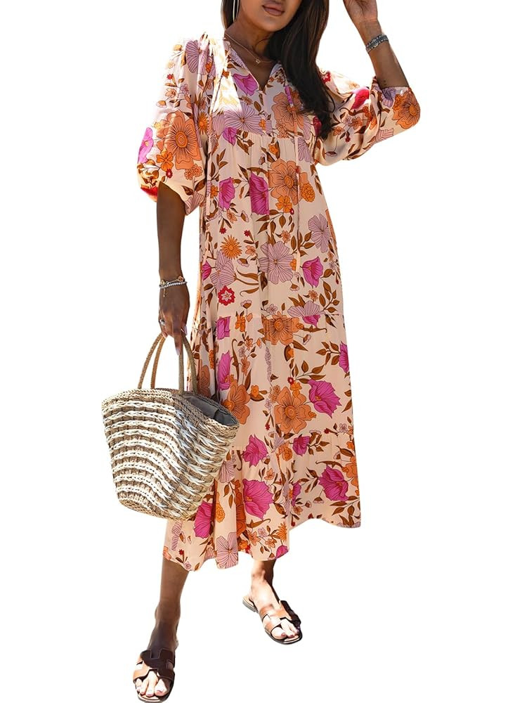 miduo Womens Loose Fit Casual Summer V Neck Half Sleeve Bohemian Geometric Pattern Maxi Long Dres... | Amazon (US)