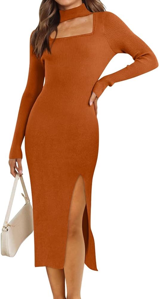 DOROSE Womens Sweater Dress 2023 Ribbed Bodycon Dresses Fit Slit Cut Out Dress | Amazon (US)