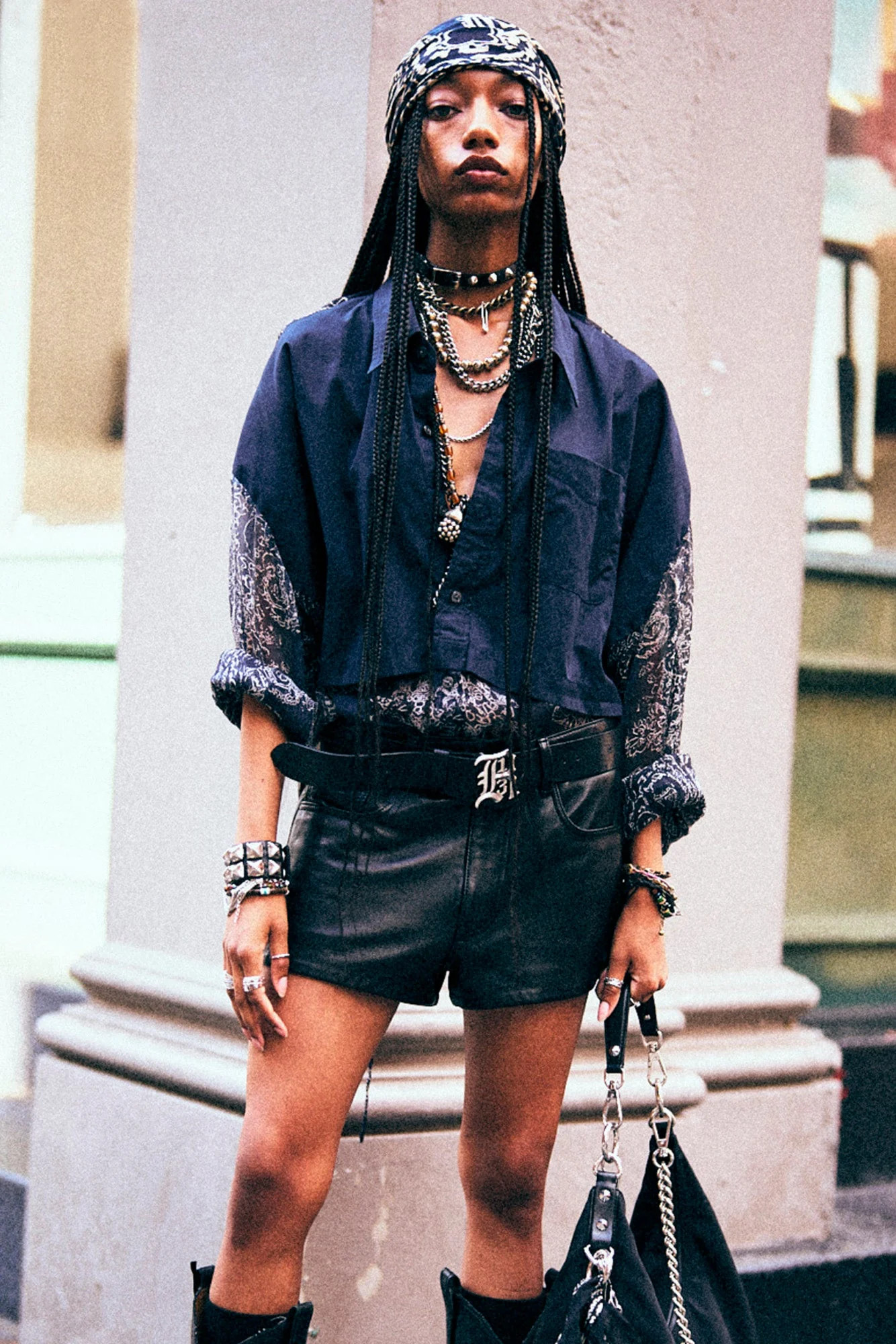 OVERLAY DROP NECK SHIRT - NAVY BLUE ABSTRACT BANDANA - R13 | R13