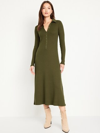 Fit &amp; Flare Long-Sleeve Henley Midi Dress for Women | Old Navy (US)