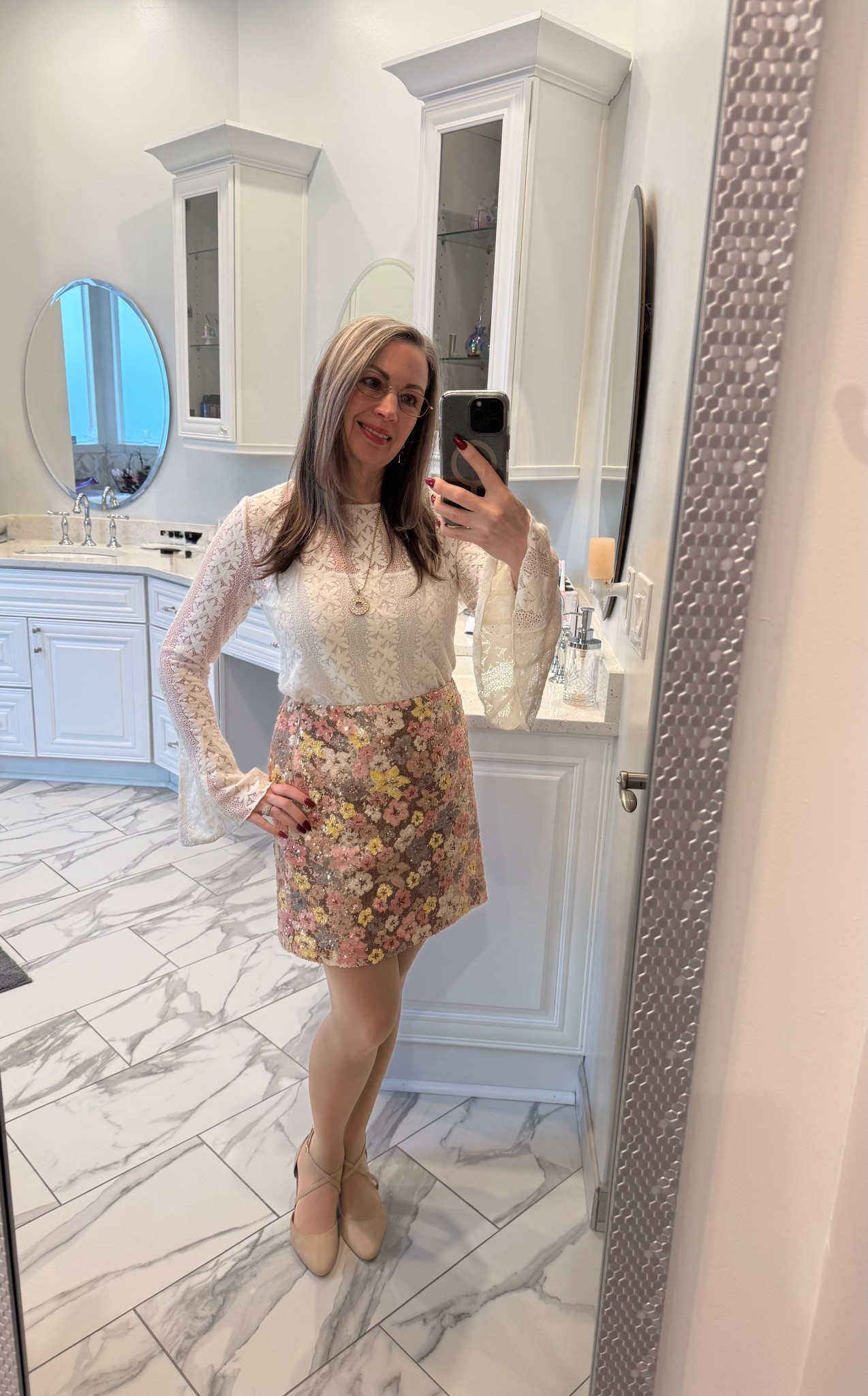 Two top trends this year that are heading into 2026: Lace and sequence 
When paired together in the same undertones, warm or cool, you create a harmonious look. A tan or nude shoe elongates the legs and keeps focus on your ensemble. 
#lacetop #sequenceskirt #tights #newyearseveoutfit #valentinesdayoutfit

#LTKootd #LTKHoliday #LTKFindsUnder50