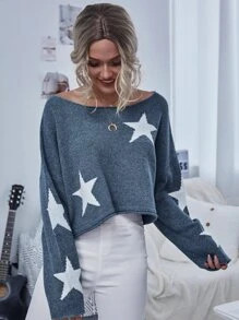 Star Print Drop Shoulder Boxy Sweater | SHEIN