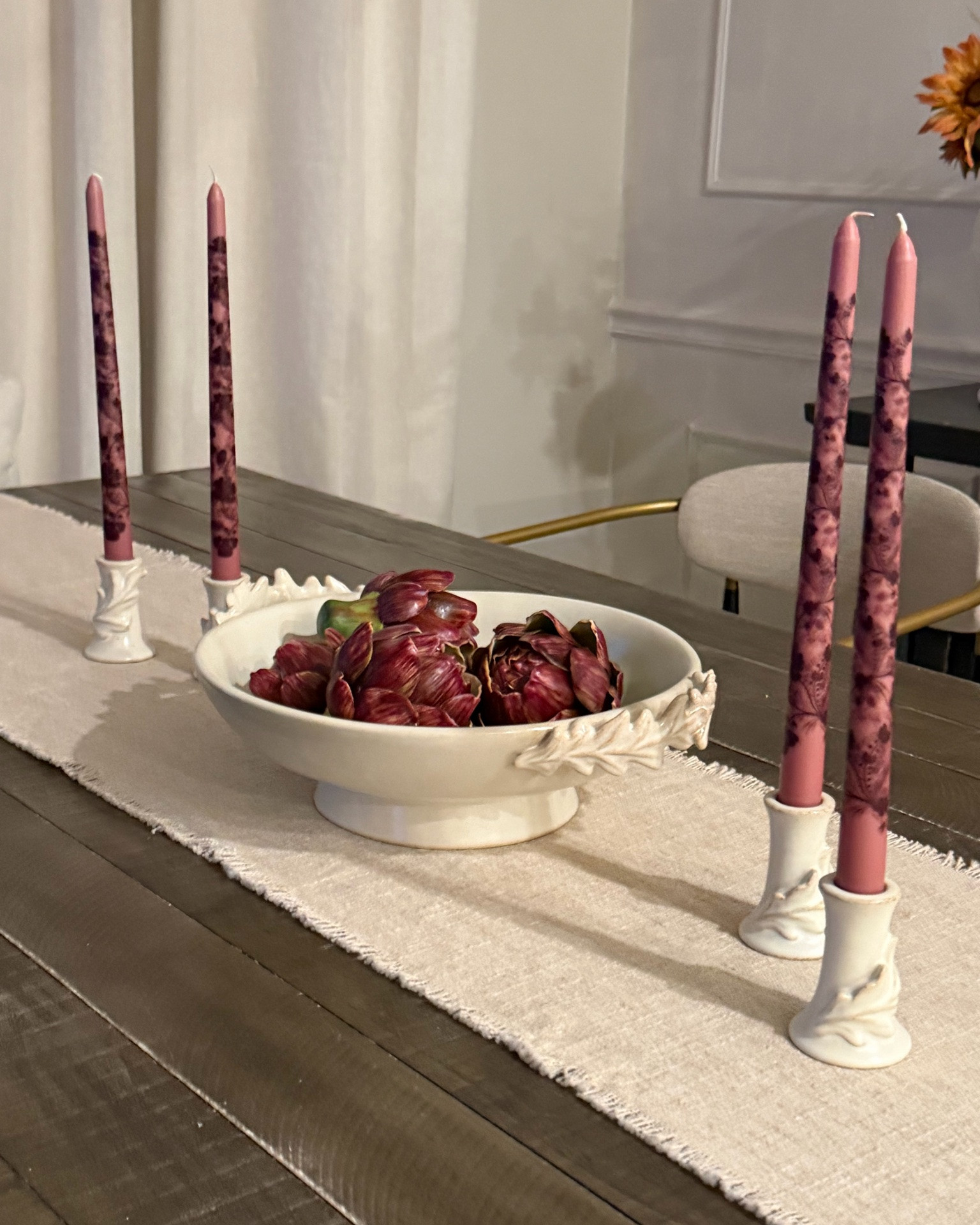 Bringing a subtle fall vibe to the dining room 🍂 I love how these candles add just a little seasonal touch without feeling overdone. They actually come as a set of two—the twisted candles and the printed ones. I just split them up and styled them separately! 🤎

#LTKHome #LTKSeasonal