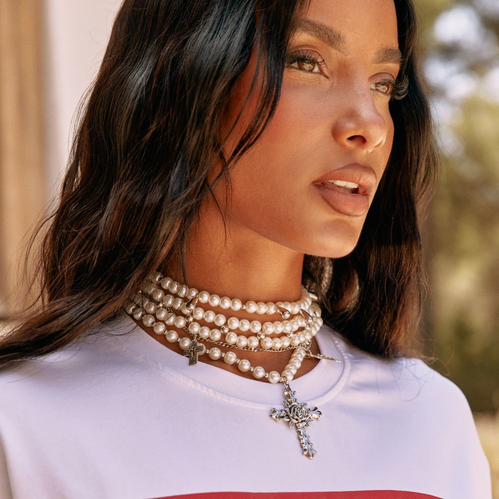 Crucifix Pearl Detail Multi Chain Necklace In Cream | EGO (UK)