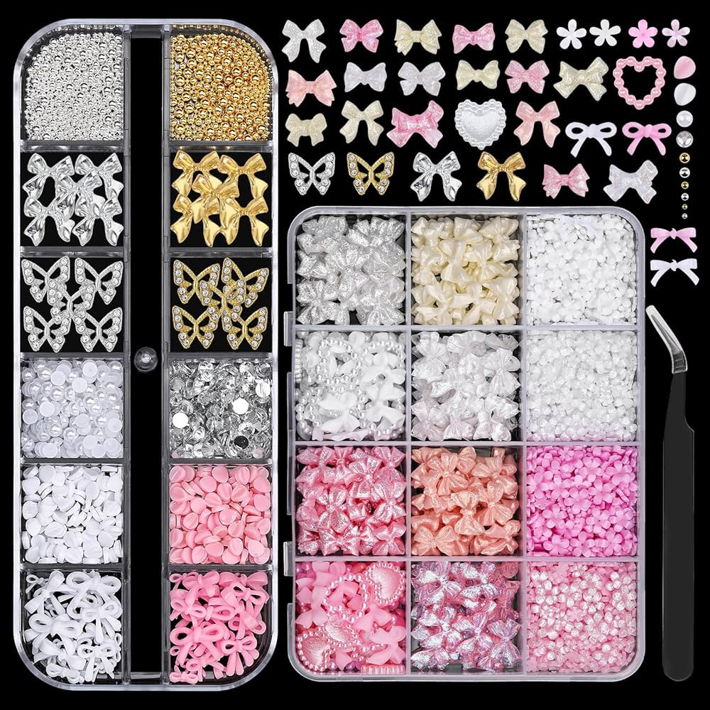 2 Boxes 3D Bow Nail Charms and Gems, Pink White Bows Flowers Heart Petals Nail Art Charms Gold Si... | Amazon (US)