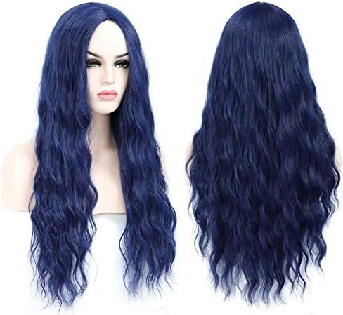 Benegem 26 inches Dark Blue long Wavy Wig Middle Part Synthetic Beach Wave Curly Wig for Halloween P | Amazon (US)
