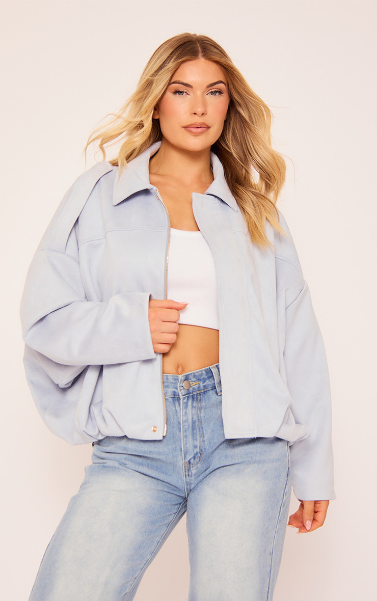 Long Sleeved Zip Front Collared Detail Bomber Jacket In Light Blue | EGO Shoes (US & Canada)