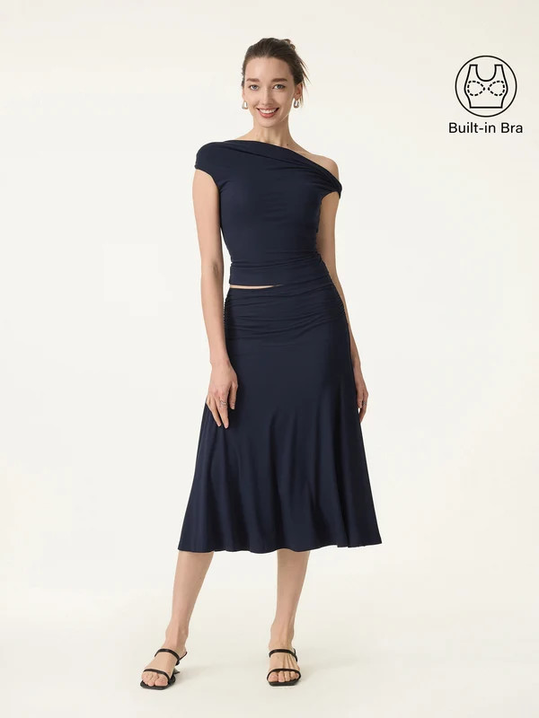 2Pcs Set Multi-wear Bra Top & Side Ruched A-line Midi Skirt | OGLmove