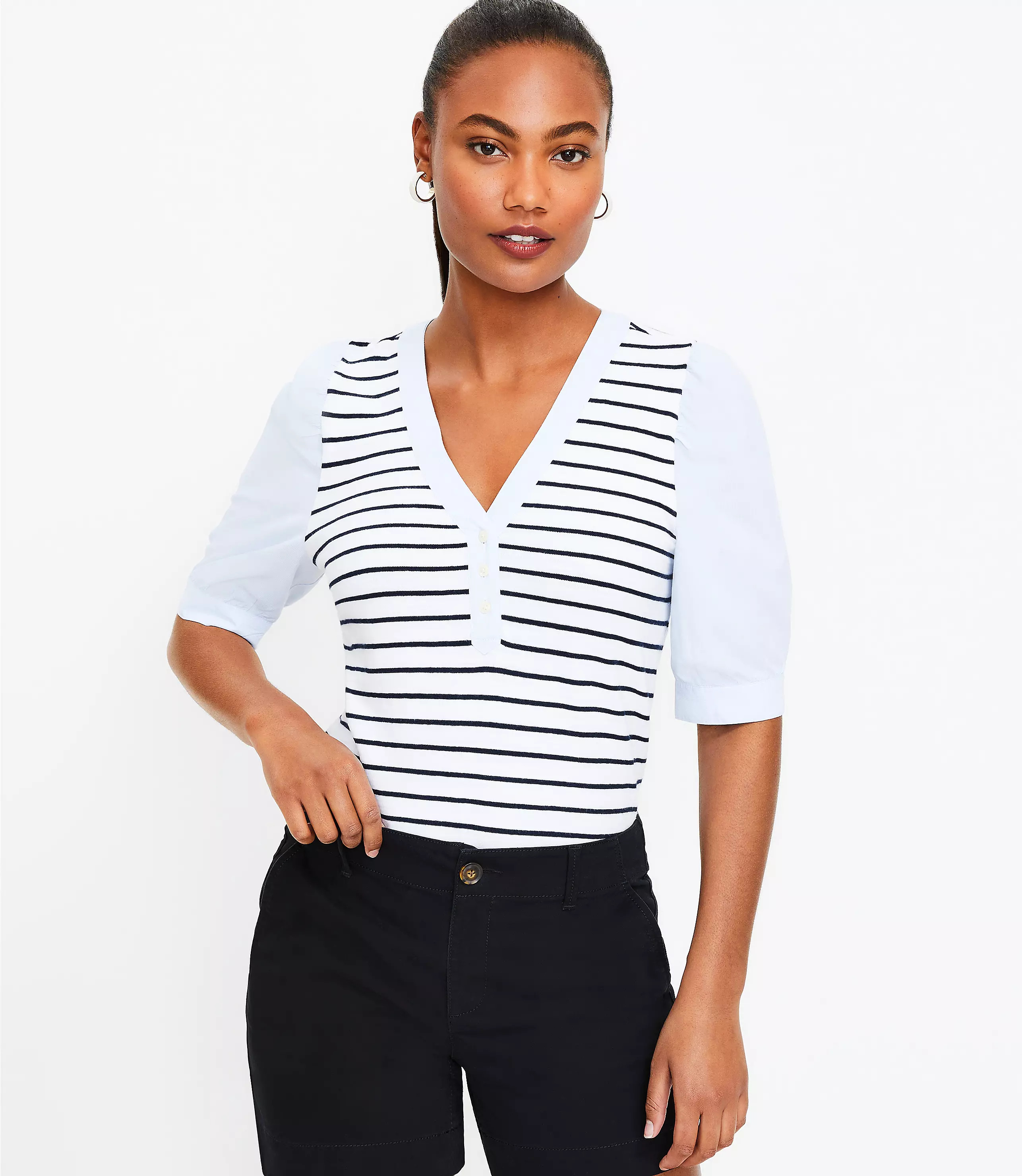 Petite Striped Henley Mixed Media Top | LOFT