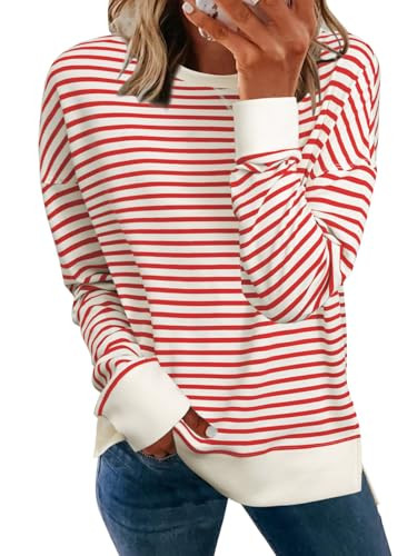 Simplee Womens Oversized Sweatshirt Long Sleeve Crewneck Striped Sweatshirt 2024 Fall Air Essentials Pullover Tops Red,XL | Amazon (US)