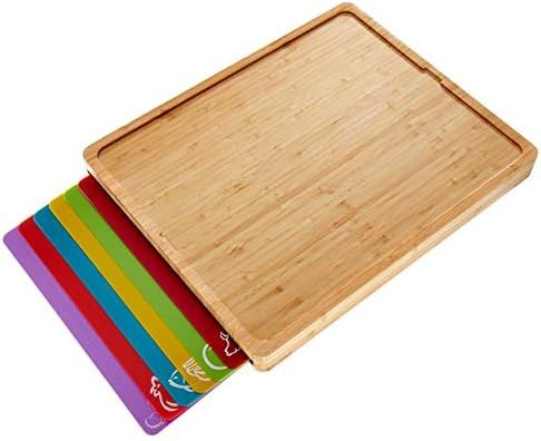Easy-to-Clean Bamboo Wood Cutting Board with set of 6 Color-Coded Flexible Cutting Mats with Food Ic | Amazon (US)
