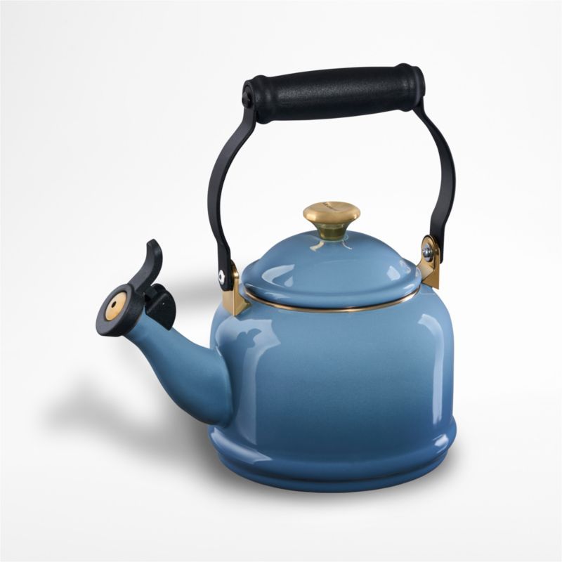 Le Creuset Demi 1.25-Qt. Chambray Blue Stovetop Whistling Tea Kettle + Reviews | Crate & Barrel | Crate & Barrel