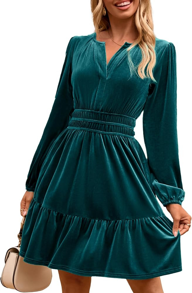 Simplee Womens Velvet Dress 2026 Fall Cocktail Long Sleeve Empire V Neck Wedding Guest Holiday Mi... | Amazon (US)