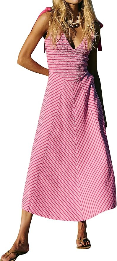 Women Casual Summer Striped Dresses Smocked V Neck Bow Beach Dress Sleeveless Sundress Beach Long... | Amazon (US)