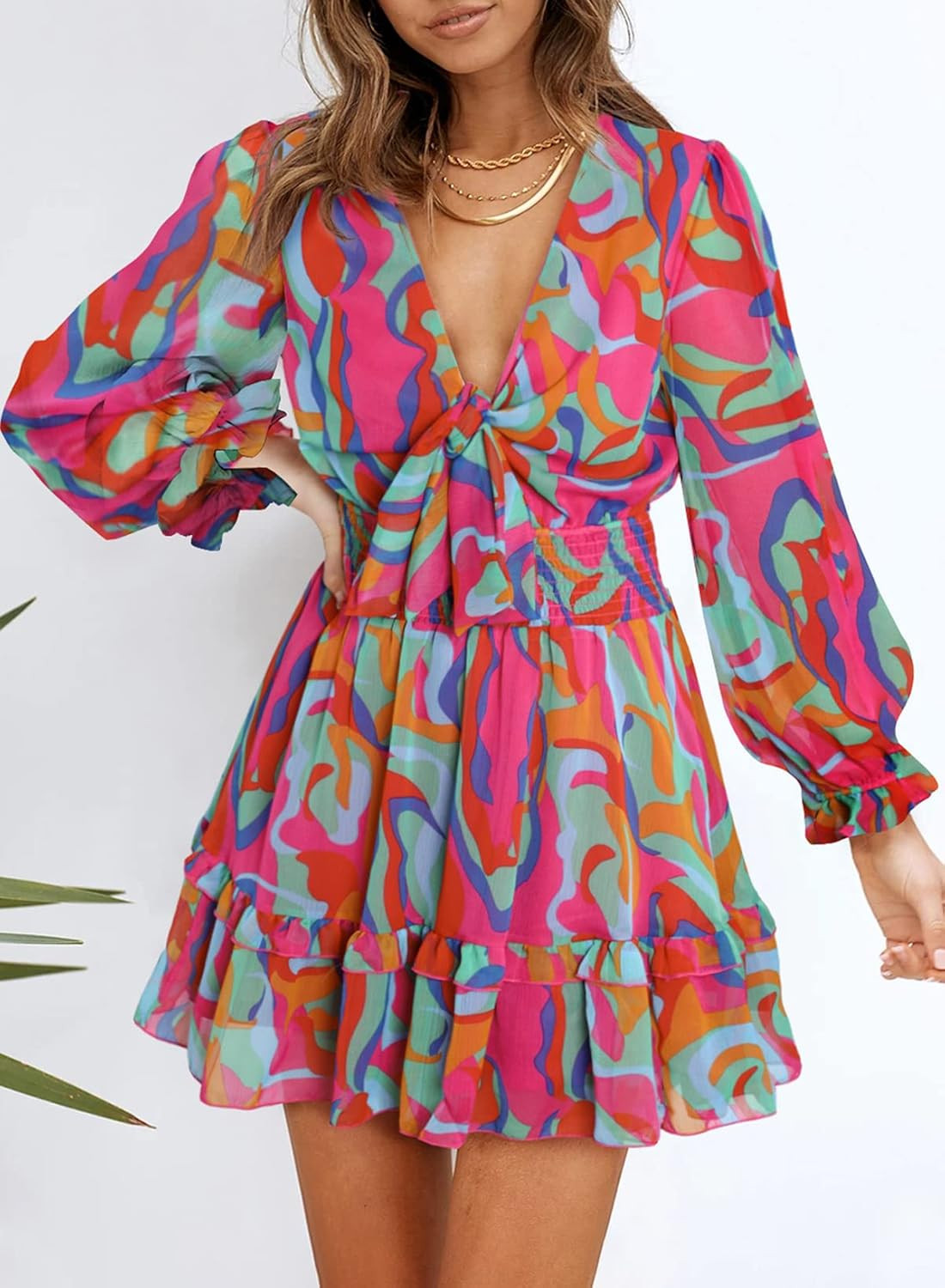 AlvaQ Womens Spring Summer Knot Front V Neck Ruffles Long Sleeve Floral Print Swing Mini Dress | Amazon (US)