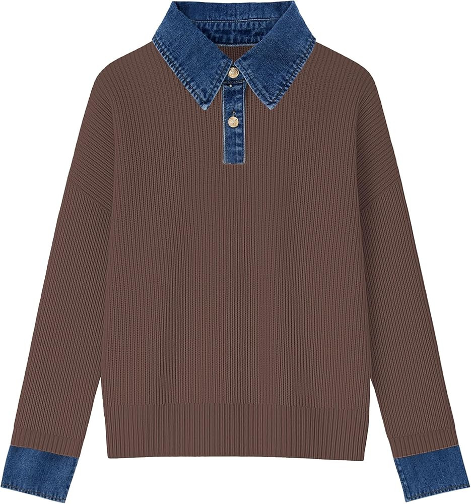 Women’s Sweaters Long Sleeve Denim Lapel V Neck Buttons Closure Pullover Tops Casual Winter Pol... | Amazon (US)