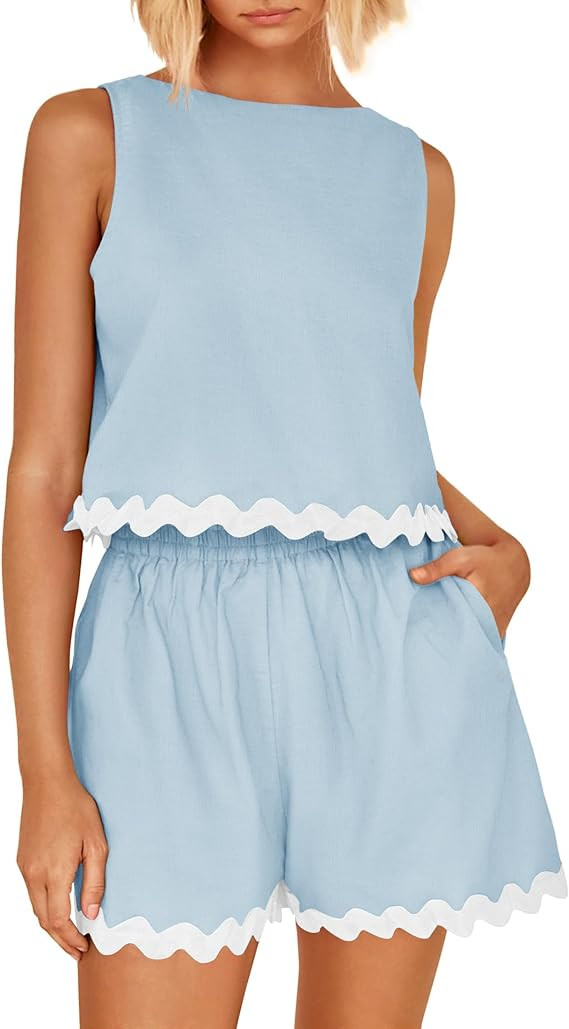 ZESICA Women's 2024 Summer 2 Piece Outfits Set Linen Lace Trim Crewneck Tank Crop Top and Shorts ... | Amazon (US)