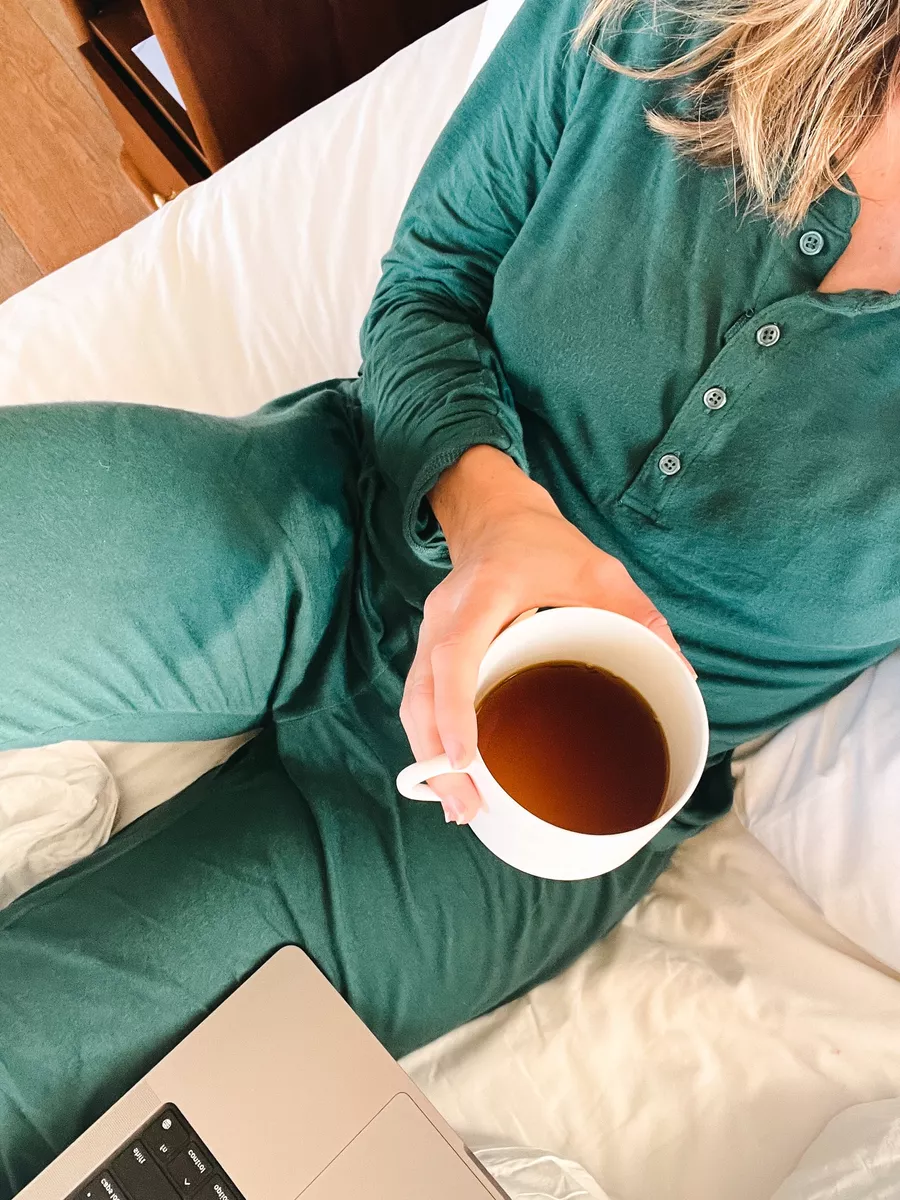 woman wearing green pajamas from Lake Pajamas