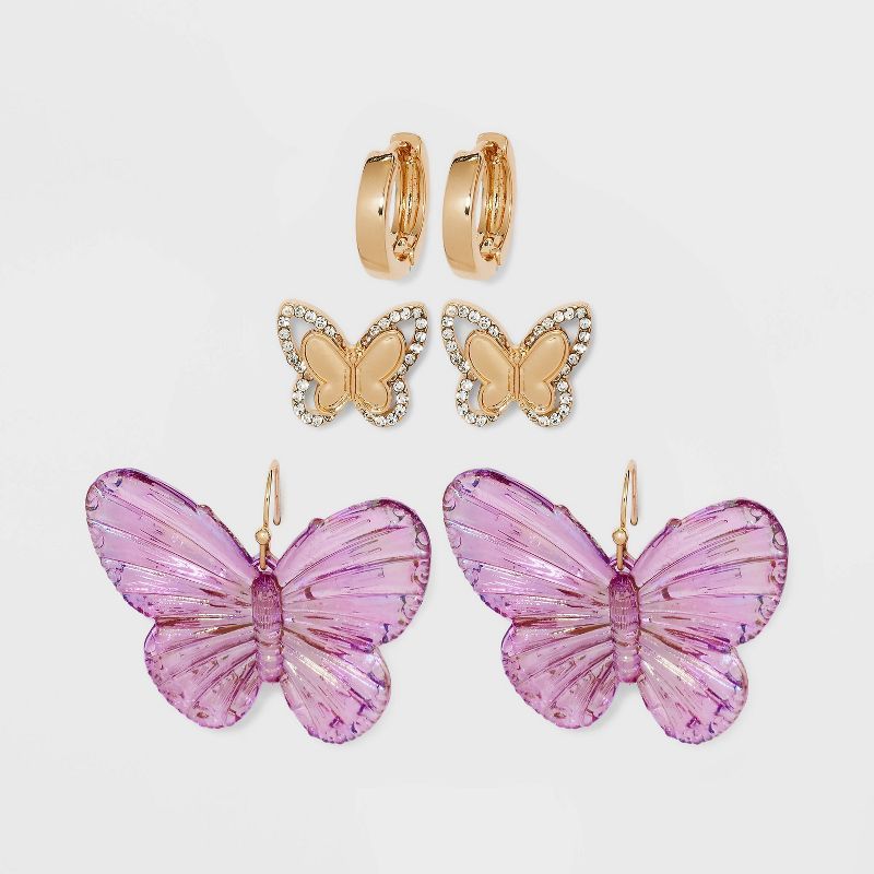 Butterfly Cubic Zirconia Hoop Earring Set 3pc - Wild Fable™ Gold/Purple | Target