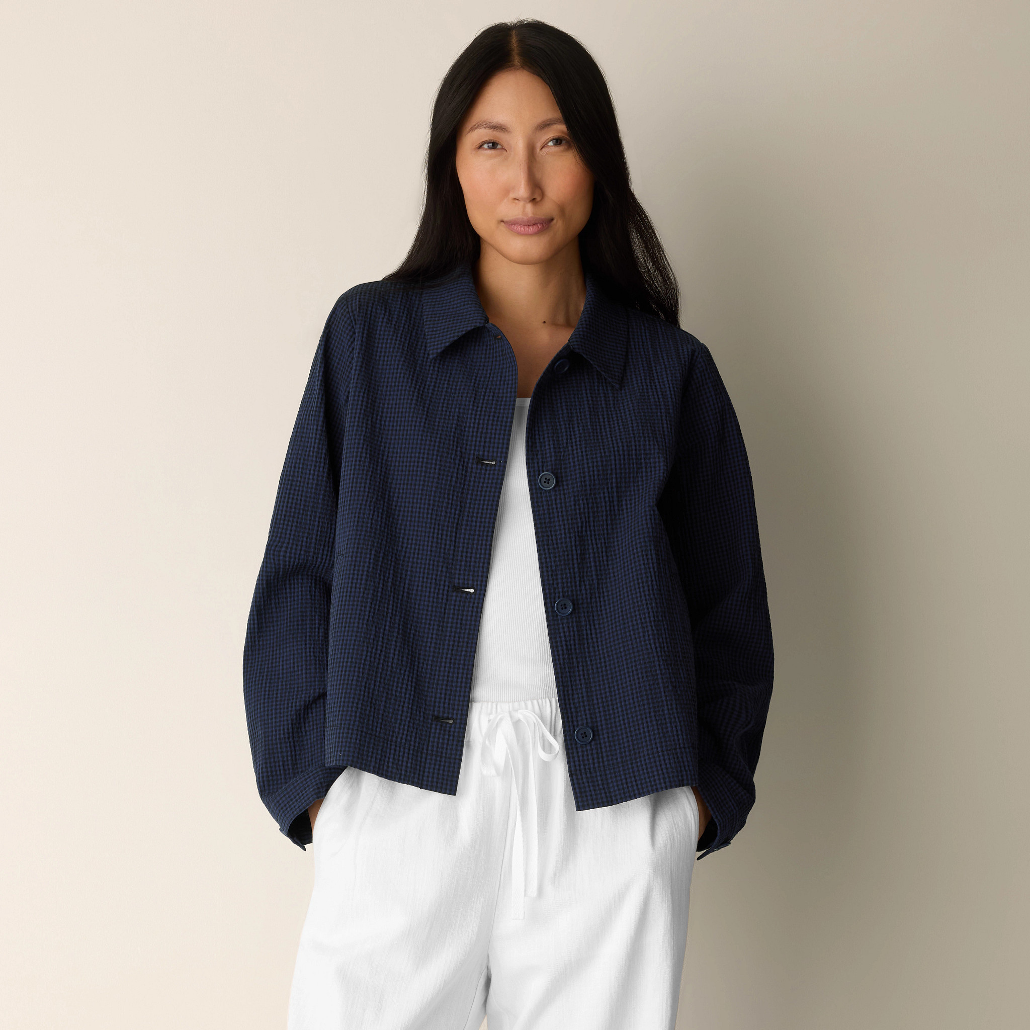 Organic Cotton Pucker Check Classic Collar Jacket | Eileen Fisher