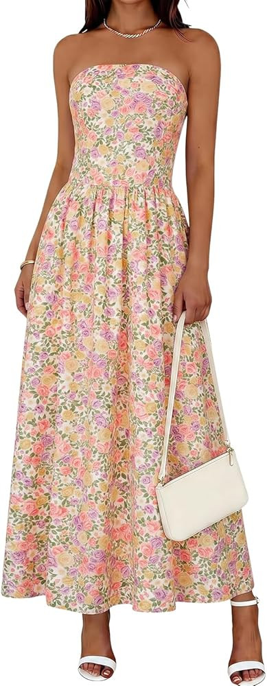 Wenrine Womens Polka Dot Strapless Dress Summer Smocked Tube Top Casual Sleeveless Long Flowy Max... | Amazon (US)