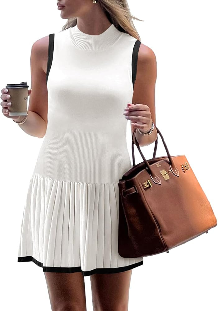 Wenrine Womens Sleeveless Summer Mini Dress Mock Neck Ribbed Knit Ruffle Pleated Casual Tank Dres... | Amazon (US)