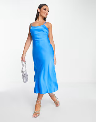 ASOS DESIGN bias cut midi dress with back strap detail in bright blue | ASOS (Global)