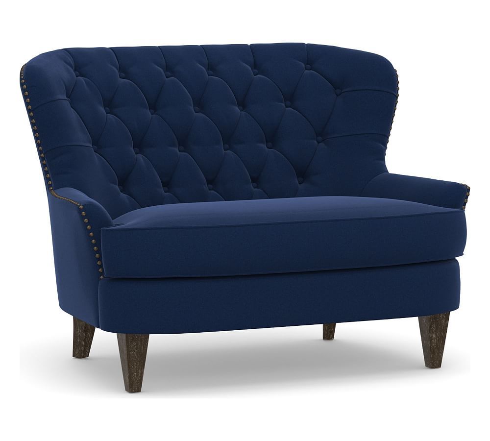 Cardiff Upholstered Tufted Settee, Polyester Wrapped Cushions, Performance Everydayvelvet(TM) Navy | Pottery Barn (US)