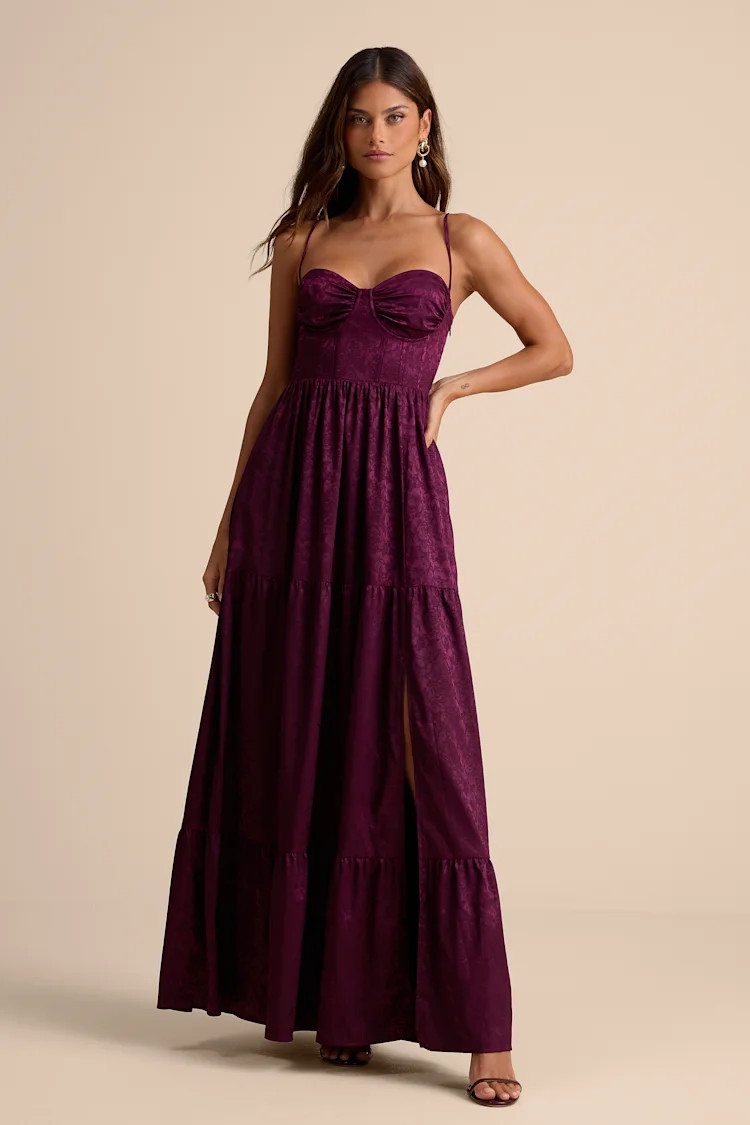 Vasilia Plum Purple Satin Jacquard Tiered Corset Maxi Dress | Lulus