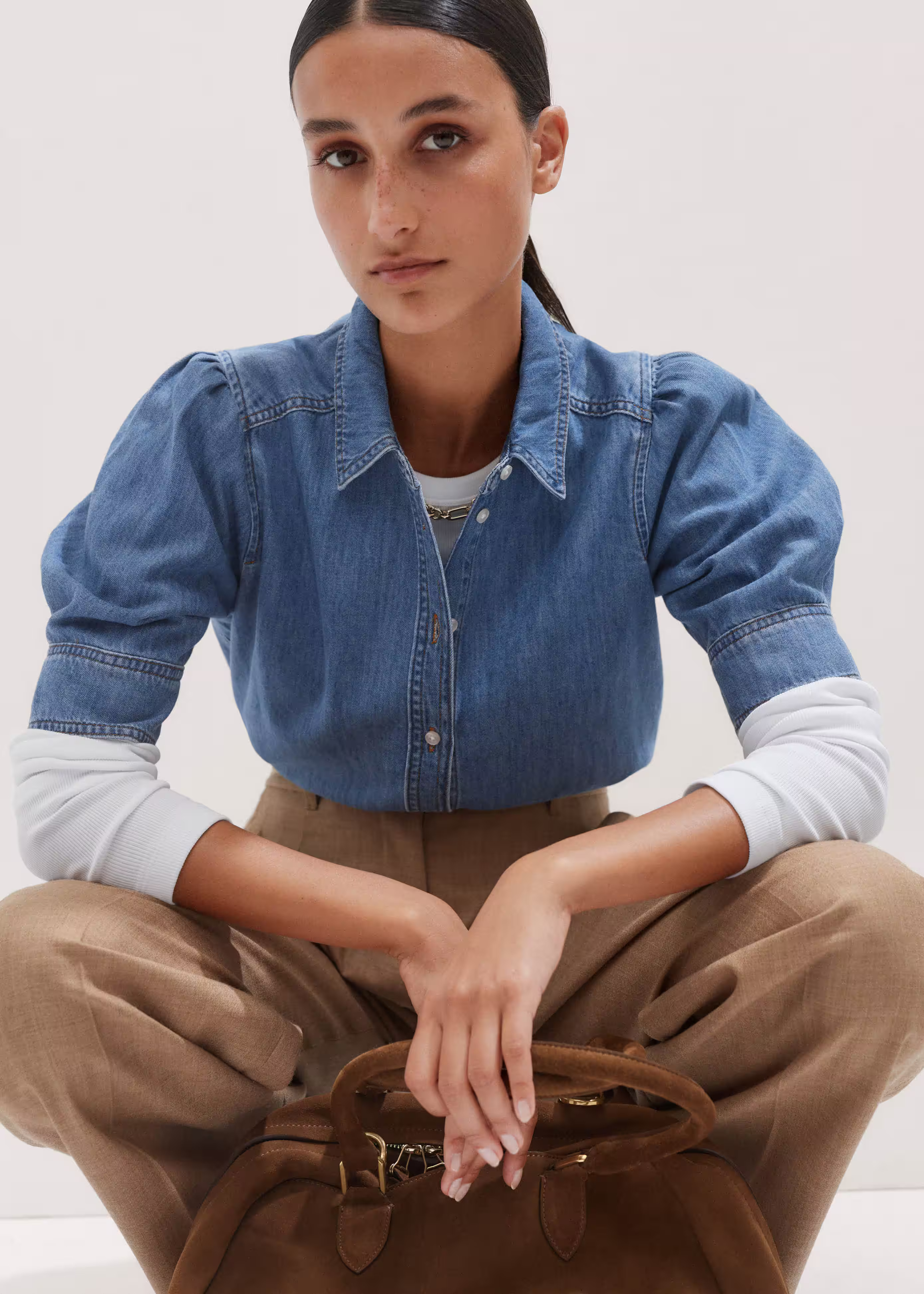 Women's Blue Blouson Sleeve Denim Shirt | ME+EM | ME+EM Global (Excluding US)