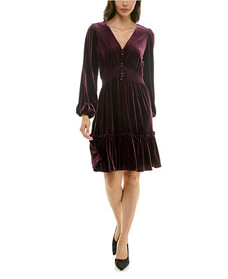 Women's V-Neck Smocked-Waist Long-Sleeve Velvet Dress | Macy's