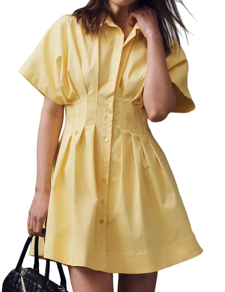 MISSACTIVER Women Pleated Button Down Shirt Dress Short Sleeve Striped Corset Mini Dresses Casual... | Amazon (US)