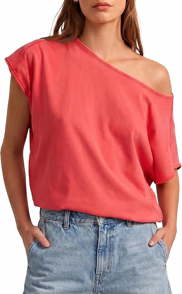 Womens Summer Off The Shoulder Boat Neck Tops Casual Short Sleeve Basic Tee Loose Cotton T-Shirt | Amazon (US)