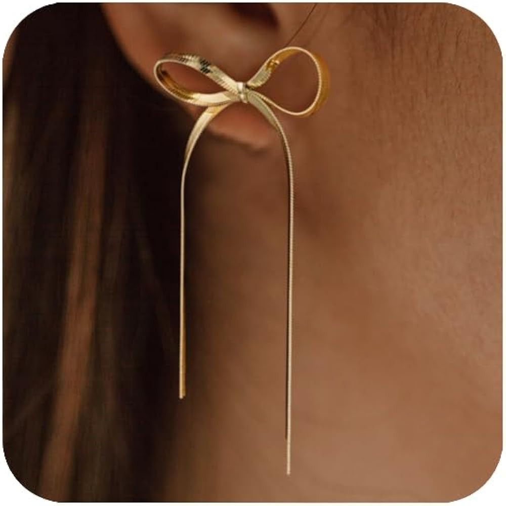 Miss Pink Bow Drop Dangle Earrings for Women Girls Christmas 14K Gold/Silver Plated Long Tassel C... | Amazon (US)