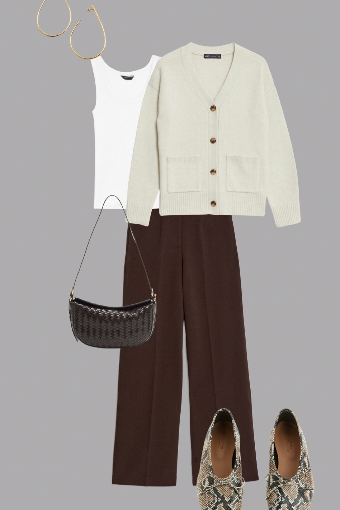 Cardi styling. Chocolate wide leg trousers with a beige cardi and white vest. Snakeskin flats, a brown woven bag and gold earrings finish the look