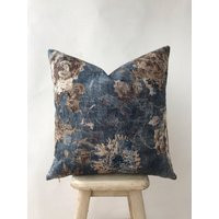 Navy Blue & Brown Floral Cotton Velvet Pillow Cover, Teal Flower Accent Case Dark Taupe, Nautical Euro Sham | Etsy (US)