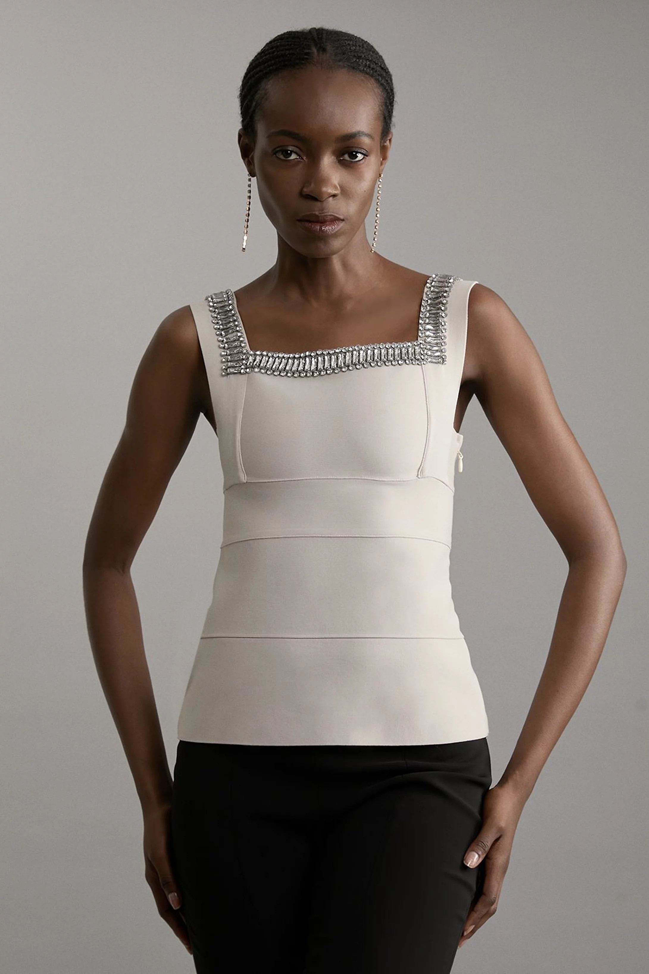 Bandage Figure Form Knit Embellished Square Neck Top | Karen Millen US