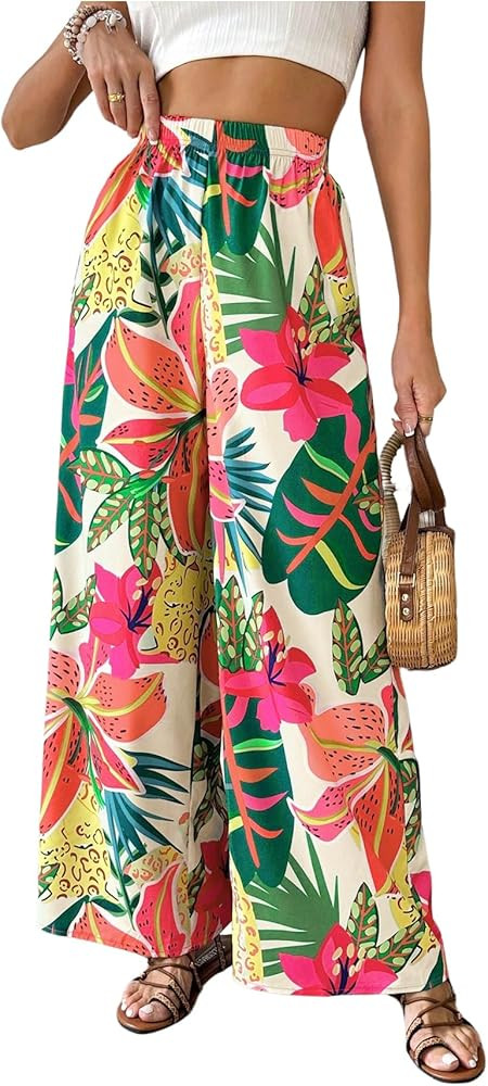 WDIRARA Women's Tropical Floral Print Elastic Waist Wide Leg Pants Palazzo Pants | Amazon (US)