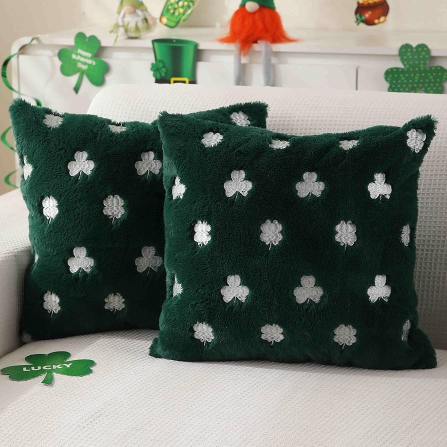 St Patricks Day Pillow Covers 18x18 inch Set of 2 Dark Green Lucky Shamrock Soft Plush Throw Pill... | Amazon (US)
