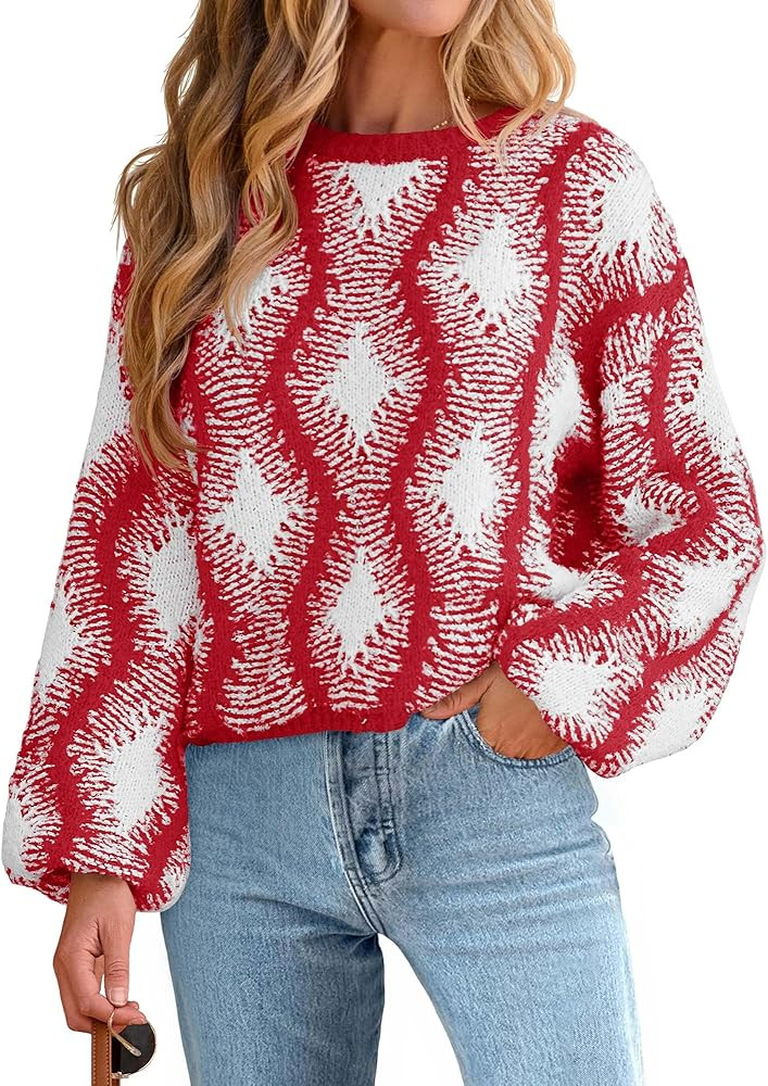 Saodimallsu Womens Christmas Sweaters Color Block Crew Neck Chunky Knit Long Lantern Sleeve Cozy ... | Amazon (US)