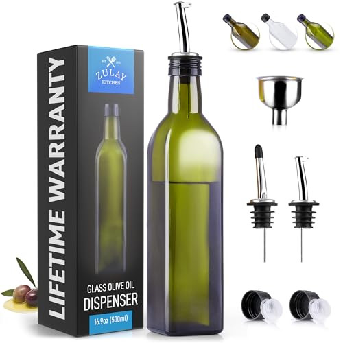 Zulay Olive Oil Dispenser For Kitchen, Glass Oil Container With Spout, Oil Decanter/Cruet Dispenser, Bottle Dispenser With Pourers and Funnel, 17oz Bottle (Green) | Amazon (US)