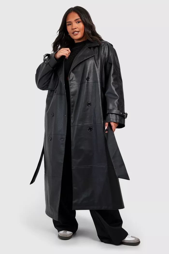 Plus Double Breast Faux Leather Maxi Trench Coat | boohoo (US & Canada)