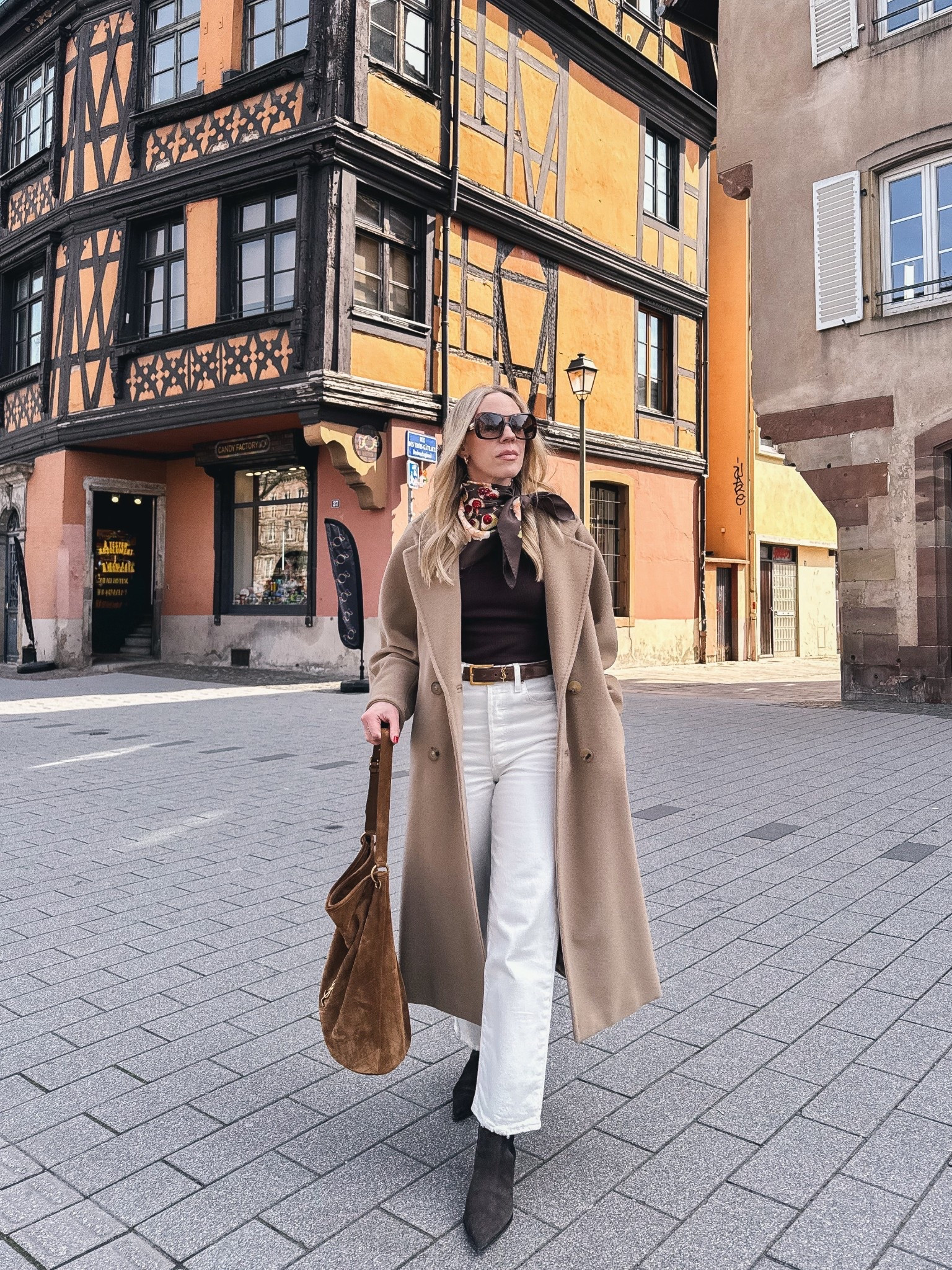 European travel style, camel coat, silk scarf outfit, @Levi's white ankle jeans, suede YSL bucket bag, white jeans with boots 

#LTKTravel #LTKSeasonal #LTKSaleAlert
