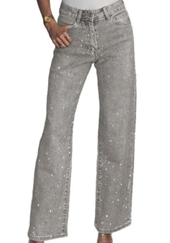Famnbro Womens Rhinestone Jeans Baggy Y2K High Waisted Straight Wide Leg Sparkly Bling Glitter Denim Pants Light Grey | Amazon (US)