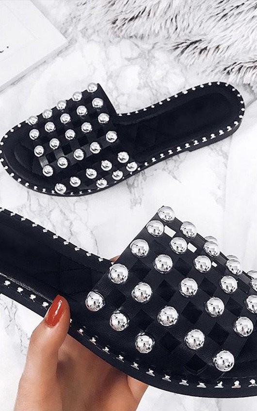 Liza Studded Caged Open Toe Sandals in Black | iKrush