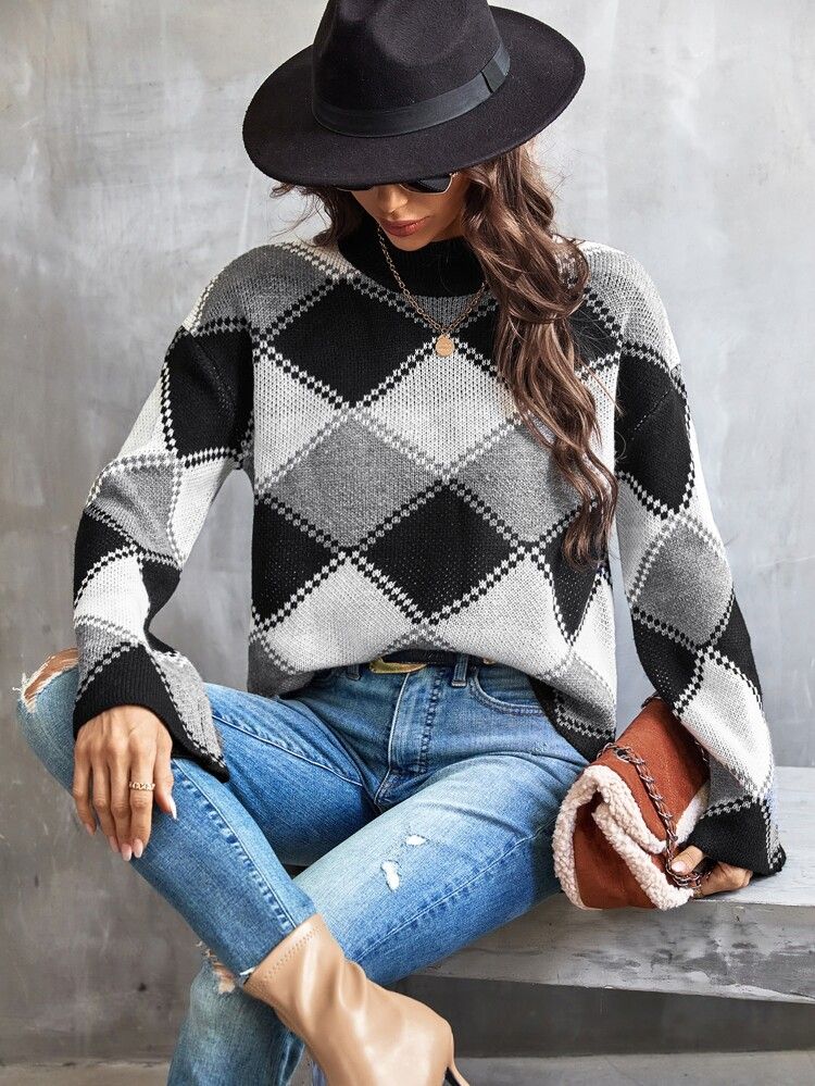 Argyle Pattern Drop Shoulder Mock Neck Sweater | SHEIN